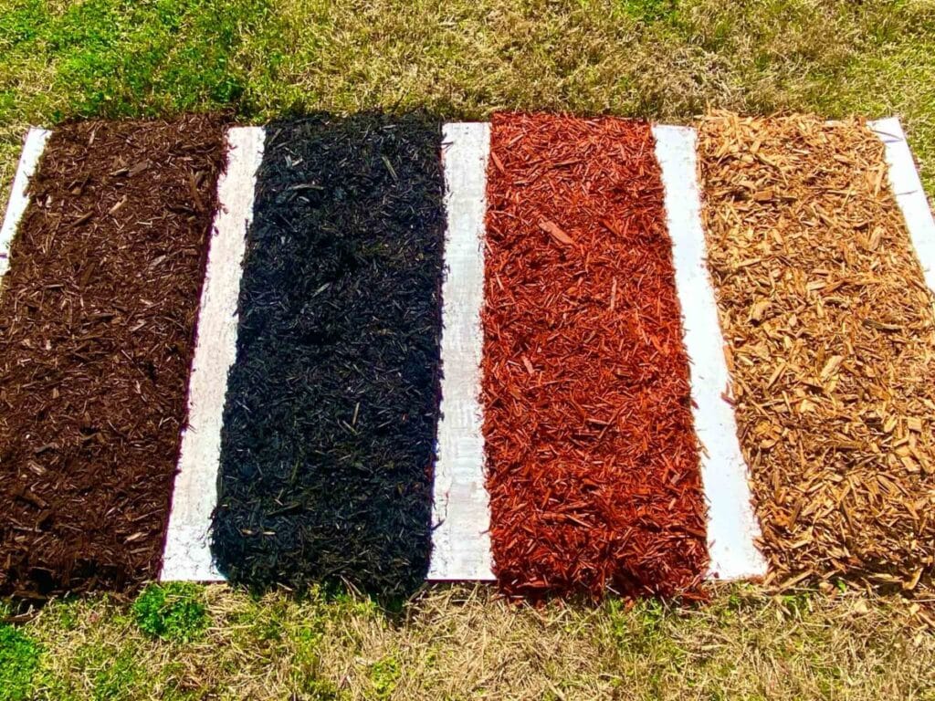 Our 4 different southern mulch products: Brown, Black, Red, and Natural.