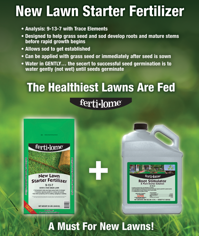 The 'New-Lawn Starter-Pack' from fertilome. Features the granular 'New Lawn Starter Fertilizer' bag, in addition to a jug of liquid 'root stimulator'.